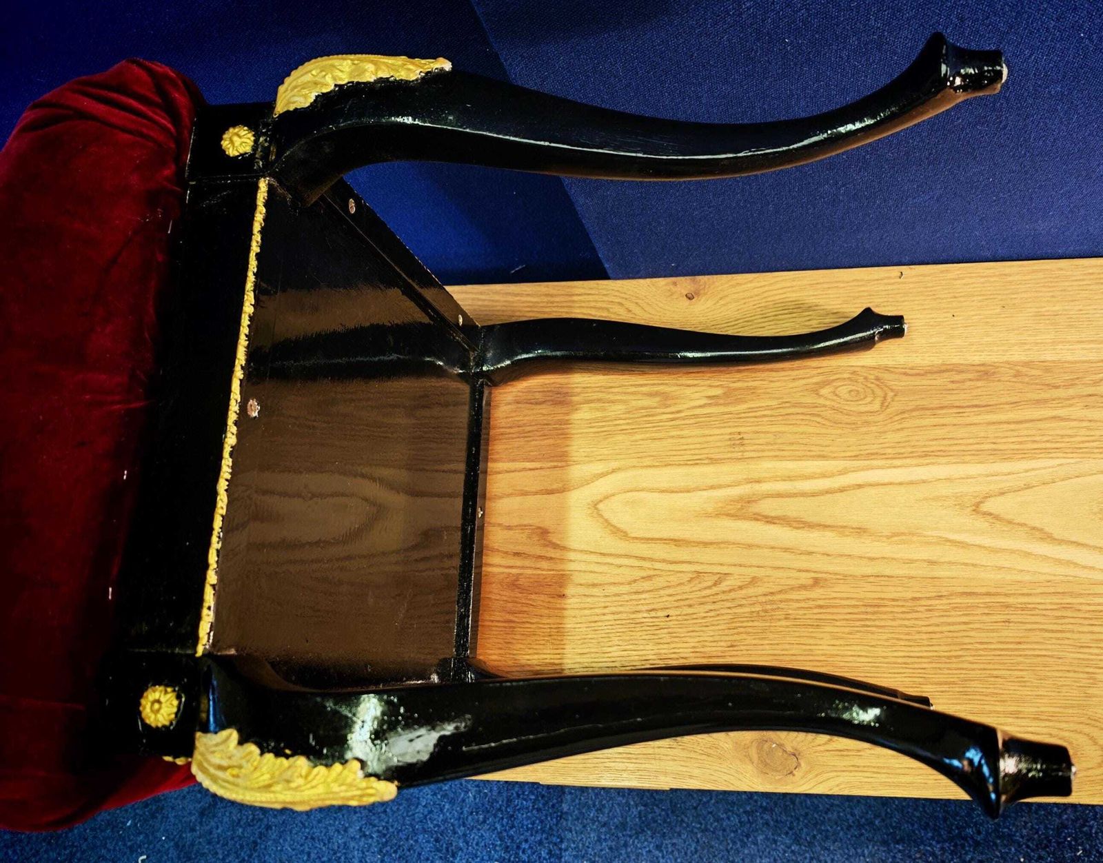 159.0 Vintage Refurbished French Style Vanity Stool. Burgundy Velvet. Black Satinwood & Gold Embellishments Rococo   Very Good Condition 54cm Tall photo