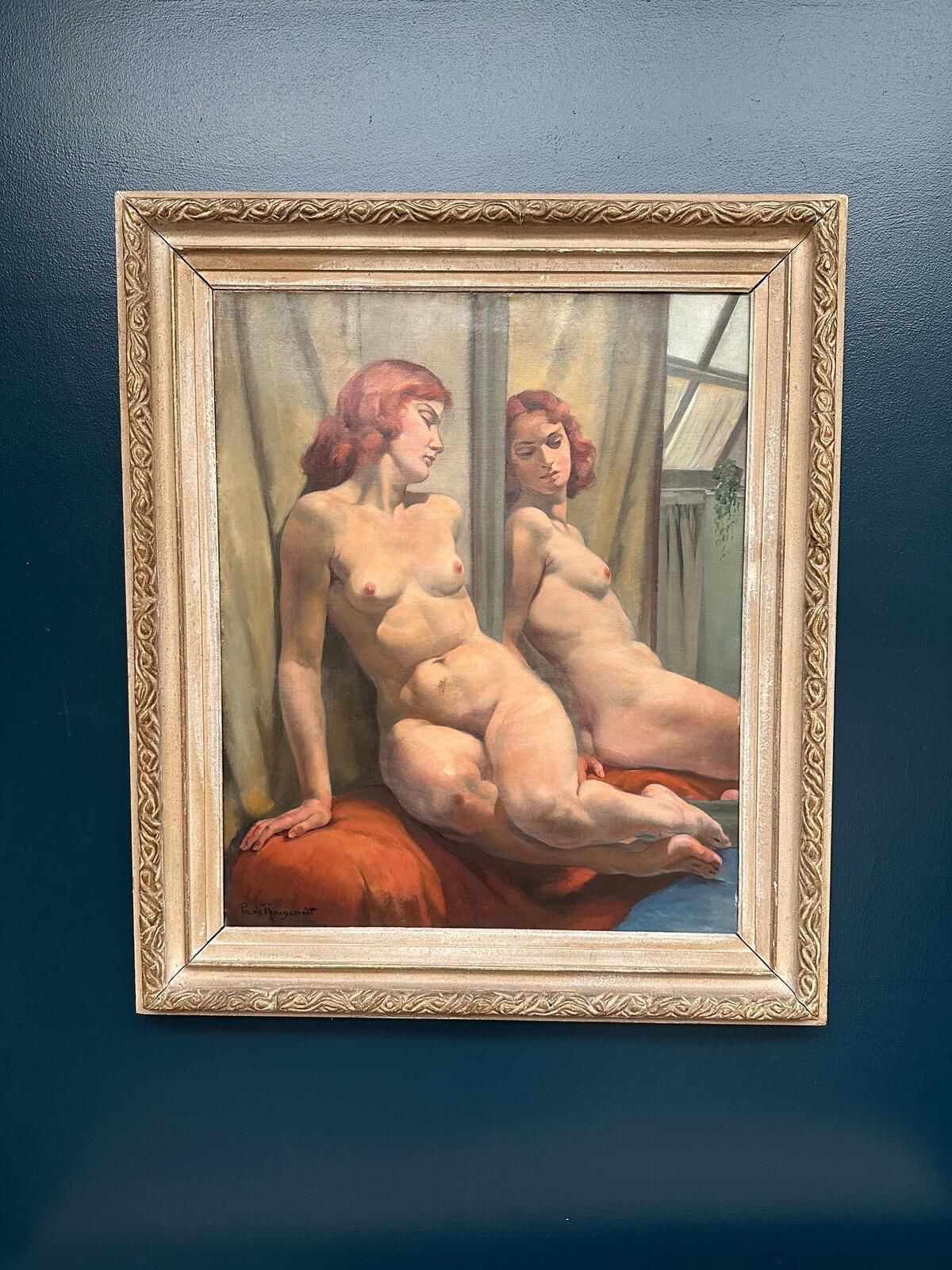 Original French Oil On Canvas – Sittande Kvinna Vid Spegel – Philippe De Rougemont (1891–1965) – Vintage & Framed 95 × 80 Cm (37.4" × 31.5")