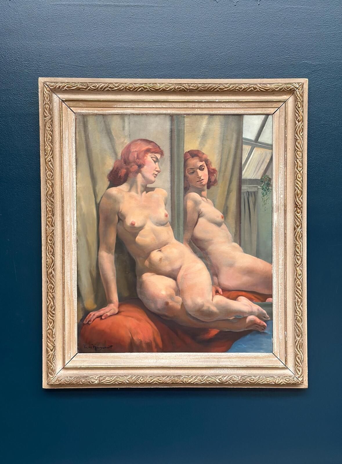 Original French Oil On Canvas – Sittande Kvinna Vid Spegel – Philippe De Rougemont (1891–1965) – Vintage & Framed 95 × 80 Cm (37.4" × 31.5") photo Art