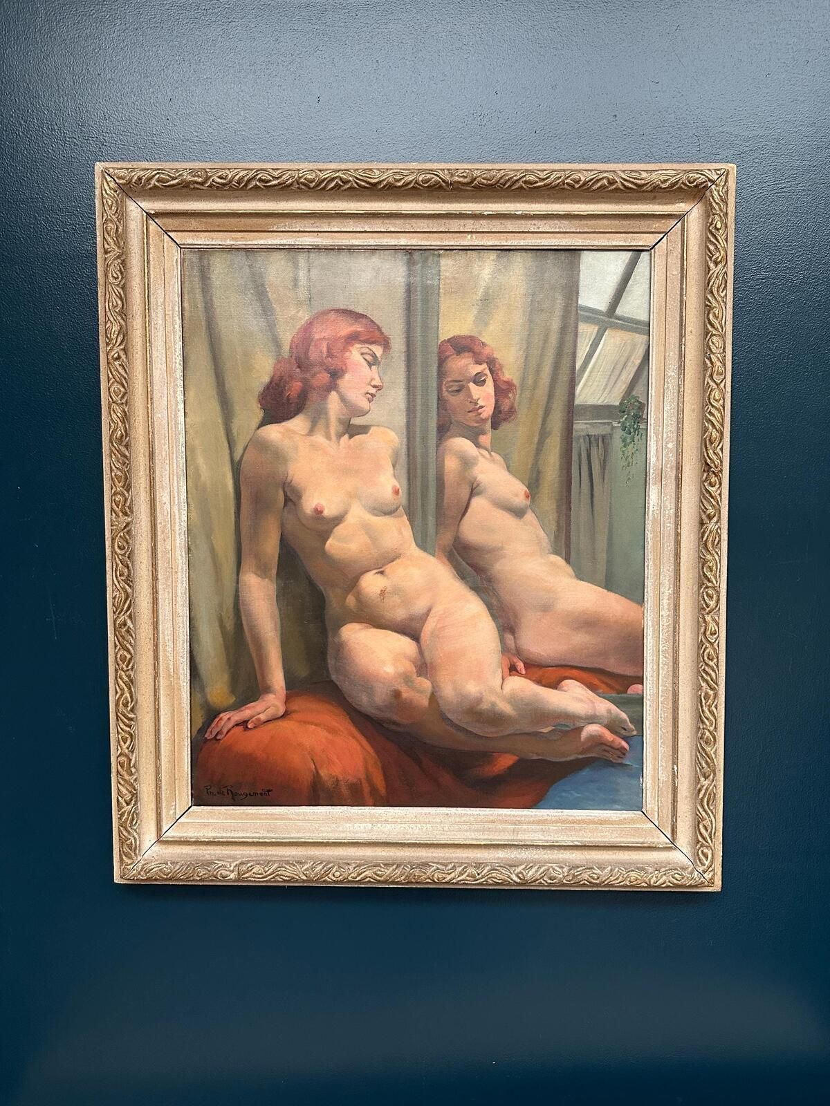 Original French Oil On Canvas – Sittande Kvinna Vid Spegel – Philippe De Rougemont (1891–1965) – Vintage & Framed 95 × 80 Cm (37.4" × 31.5") photo 2074.0