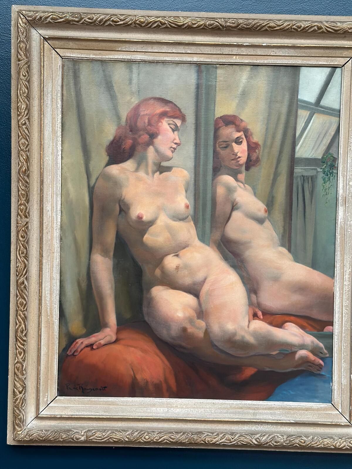 Original French Oil On Canvas – Sittande Kvinna Vid Spegel – Philippe De Rougemont (1891–1965) – Vintage & Framed 95 × 80 Cm (37.4" × 31.5") photo buy