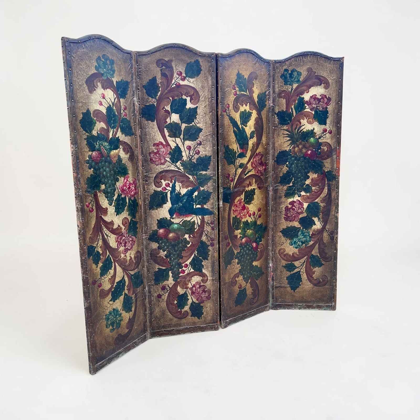 Antique French Hand Painted Four Fold Leather Room Divider Screen photo furniture