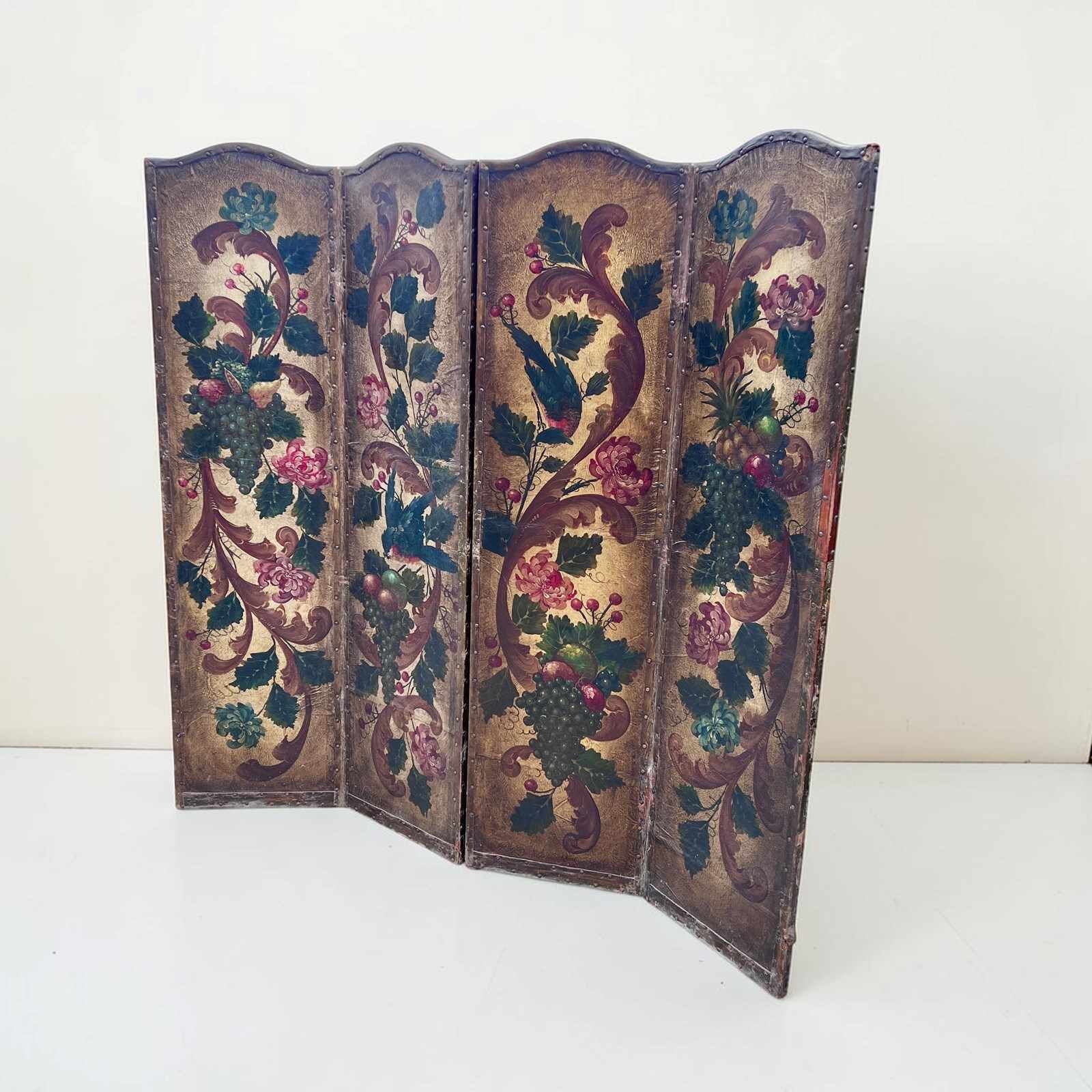 Antique French Hand Painted Four Fold Leather Room Divider Screen photo for sale
