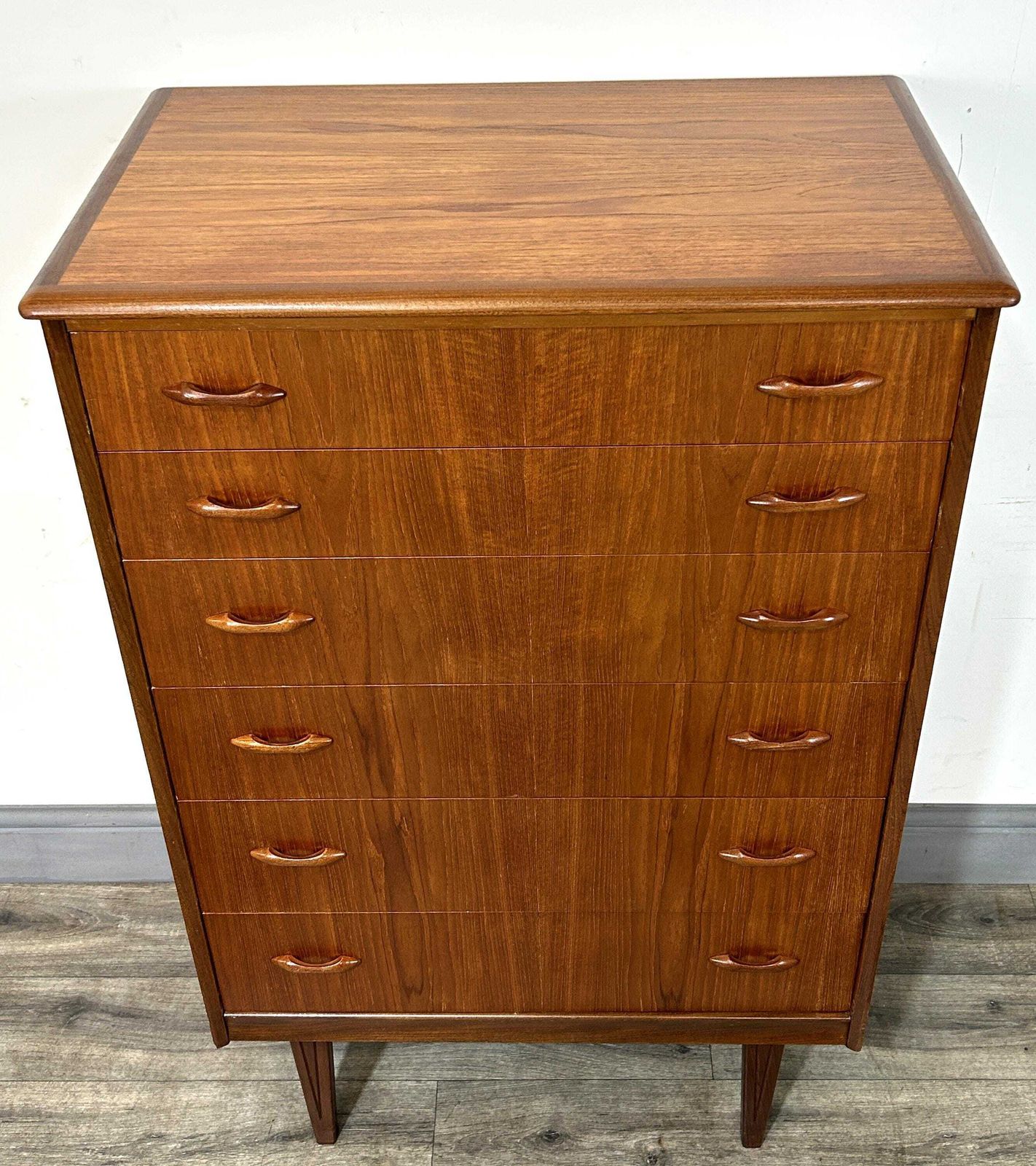 Stylish Mid Century Teak Tallboy Chest Of 6 Drawers Homeworthy 1960's Refinished photo for sale