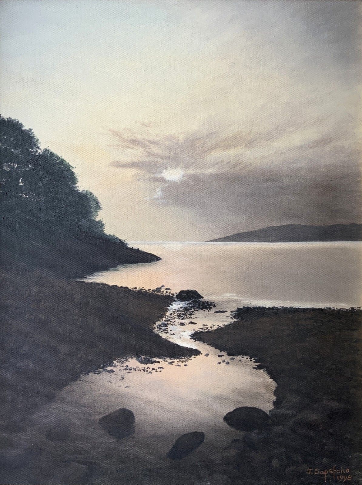 Stunning Isle Of Bute Acrylic Painting Scottish Landscape Moonlit Loch photo for sale