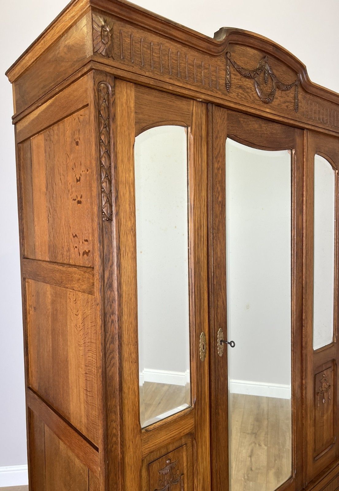 photo for sale Wardrobe Antique French Oak Two Door Mirrored Carved Armoire Cabinet Lot 6097