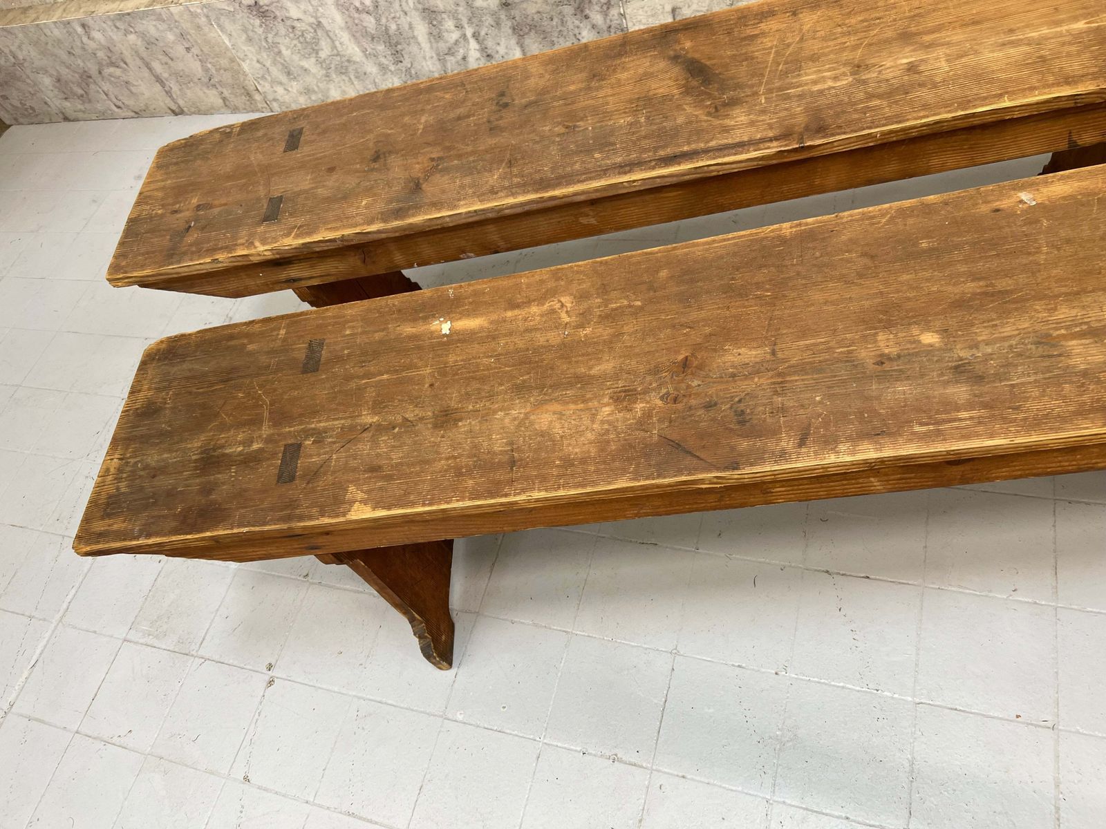 Pair Of Pitch Pine Vineyard Nearly 3m Long Benches photo Furniture