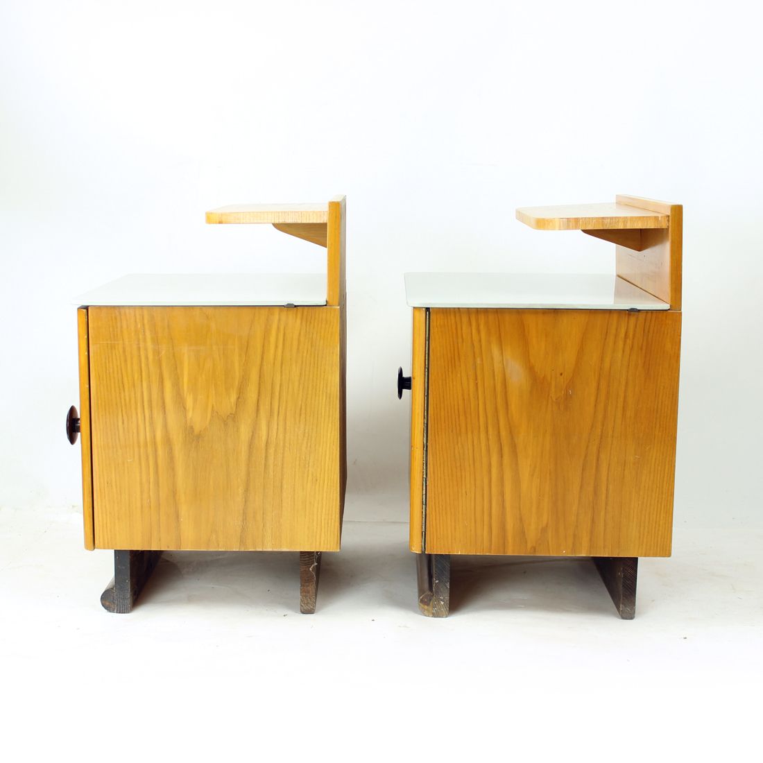 Pair Of Mid Century Bedside Tables With Original Gray Opaline Glass, Czechoslovakia 1950s photo Furniture
