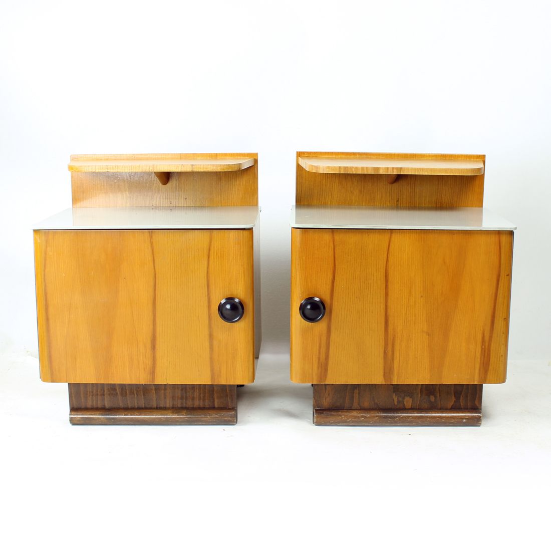 Pair Of Mid Century Bedside Tables With Original Gray Opaline Glass, Czechoslovakia 1950s