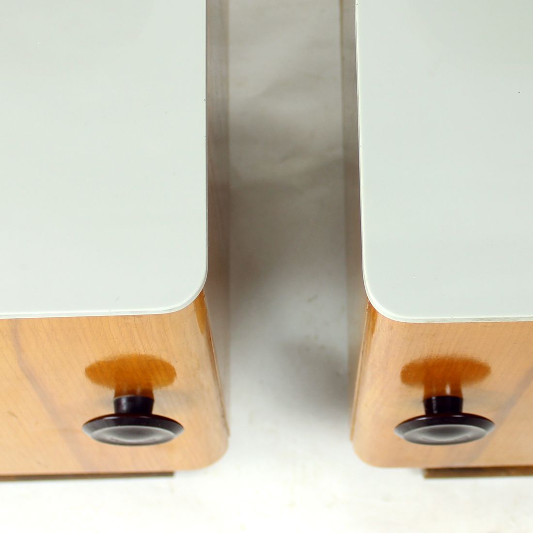 photo for sale Pair Of Mid Century Bedside Tables With Original Gray Opaline Glass, Czechoslovakia 1950s