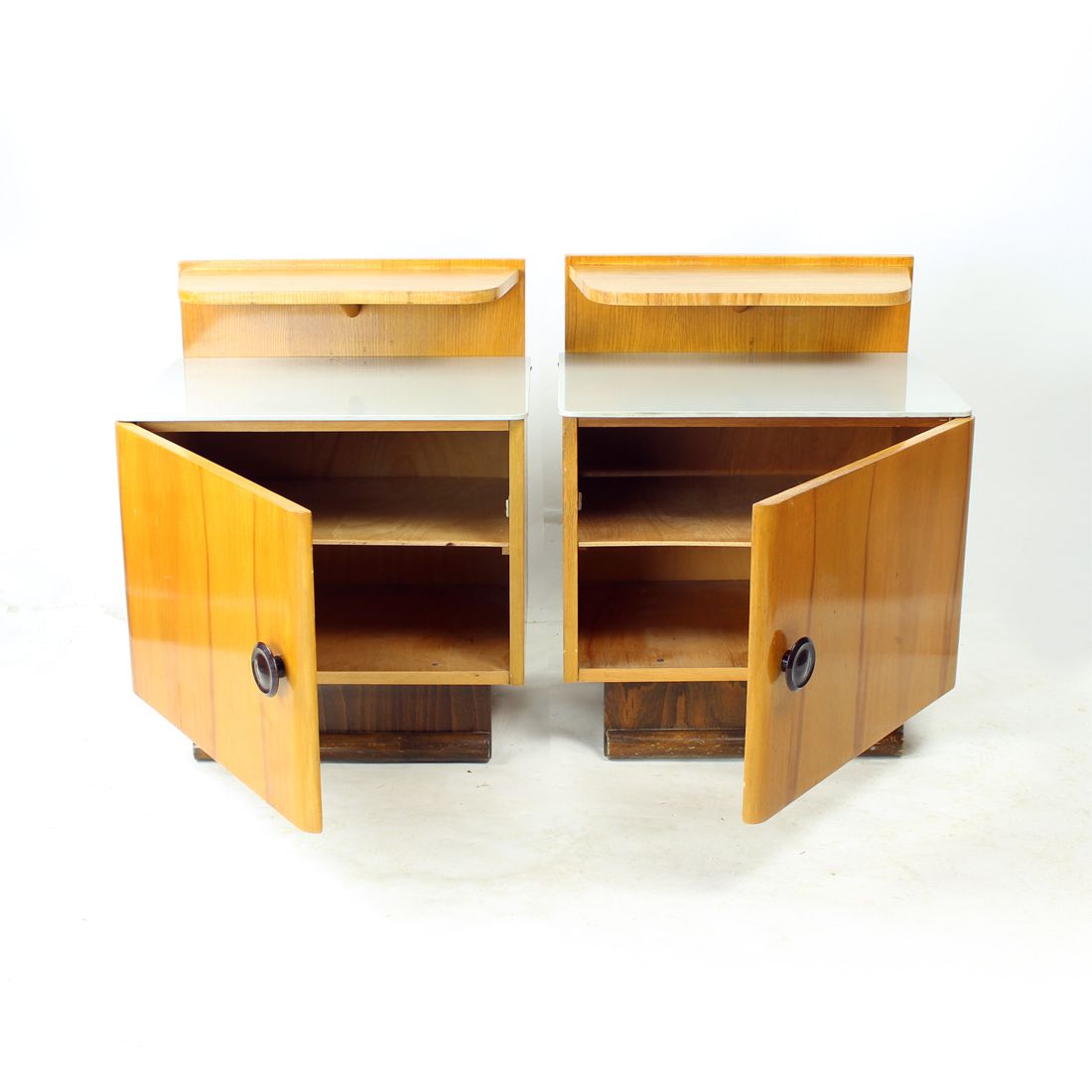 Furniture Pair Of Mid Century Bedside Tables With Original Gray Opaline Glass, Czechoslovakia 1950s photo