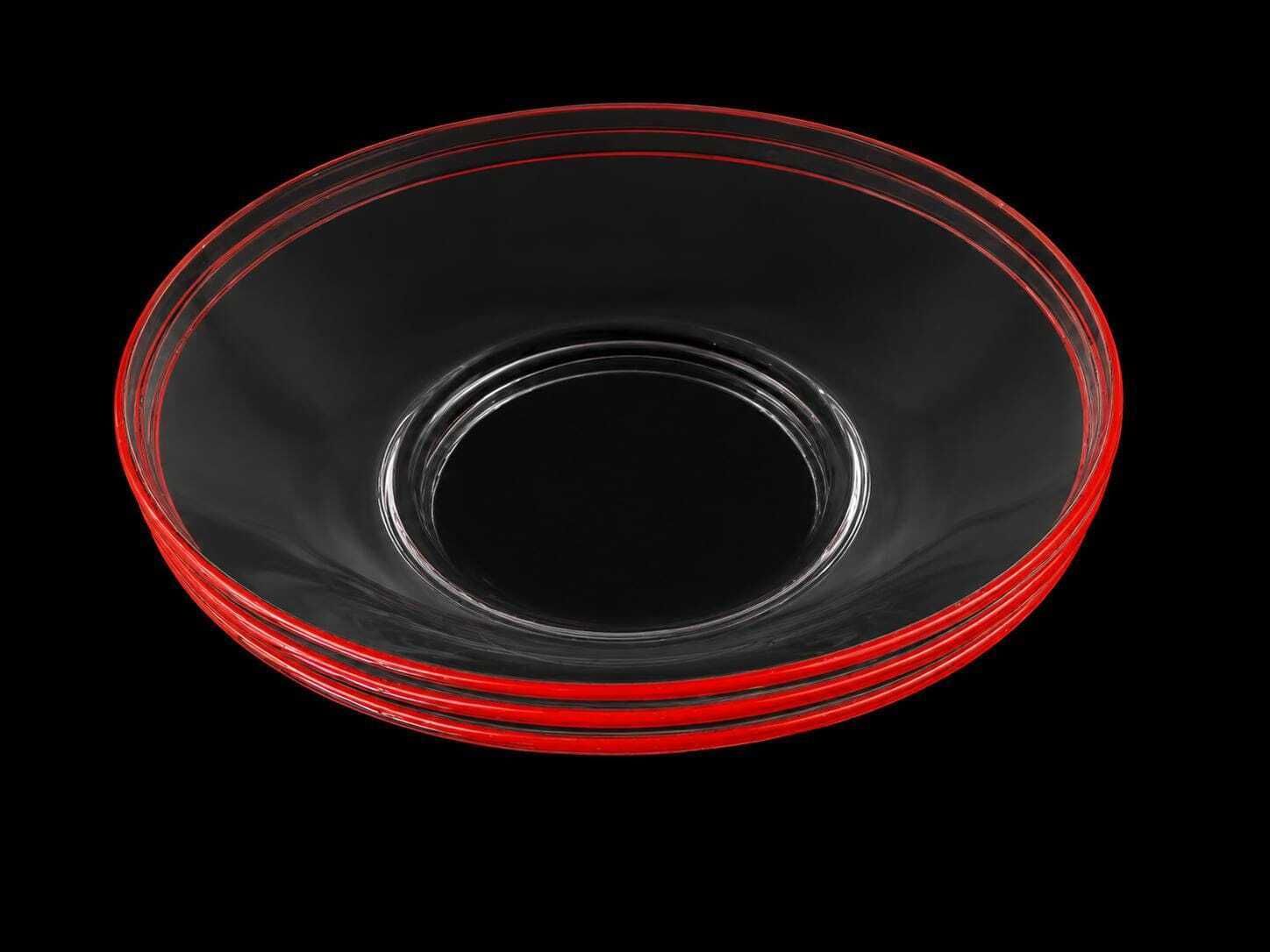 Vintage Vsg France Red Rim Glass Soup Plates Set Of 3, 1950s 1960s French Transparent Glass Deep Plates, Mid Century Pasta Risotto Bowls