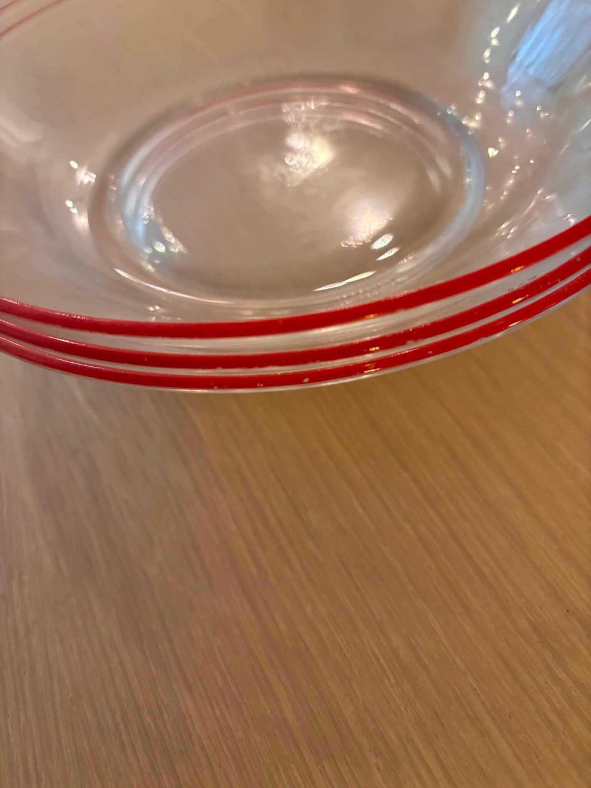 Vintage Vsg France Glazen Soepborden Met Rode Rand, Set Van 3 – Ca. Jaren 1950–1960, Frans Transparant Glas, Diepe Borden, Mid Century Pasta  En Risottoborden photo buy