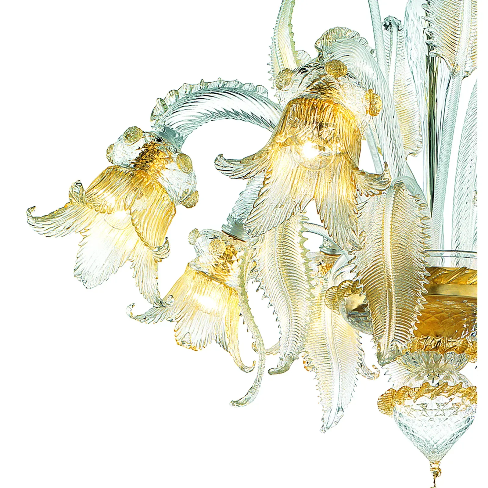Ornate Clear And Gold Leaf Murano Glass Floral Chandelier — Italian Design photo Lighting