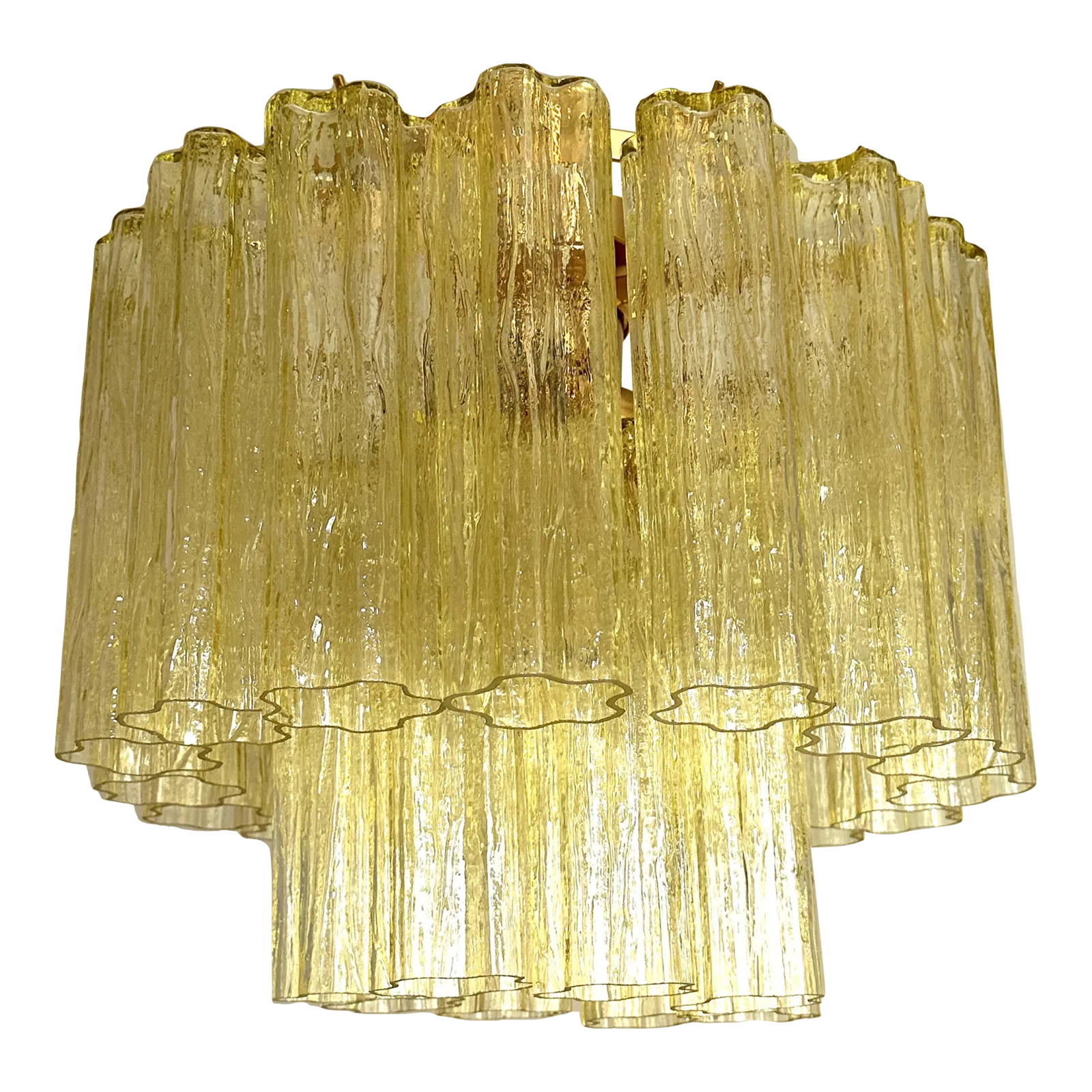 Contemporary Italian Hand Made Gold Flush Mount With Clear Amber “Tronchi” Murano Glass