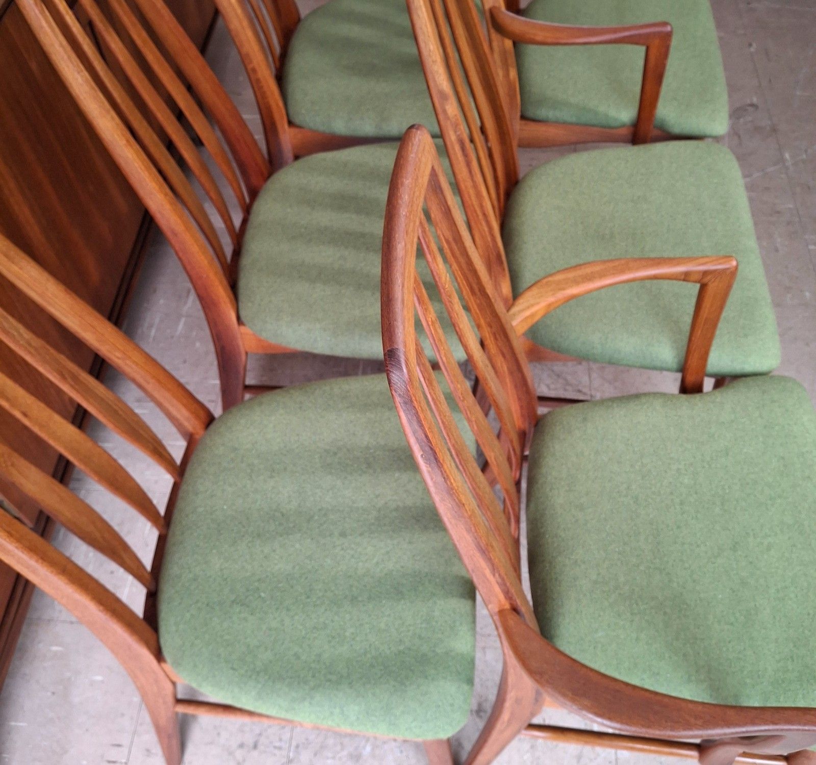 photo for sale Fab Vintage Set Of 6 Danish Teak Niels Koefoed Eva Dining Chairs Green Wool