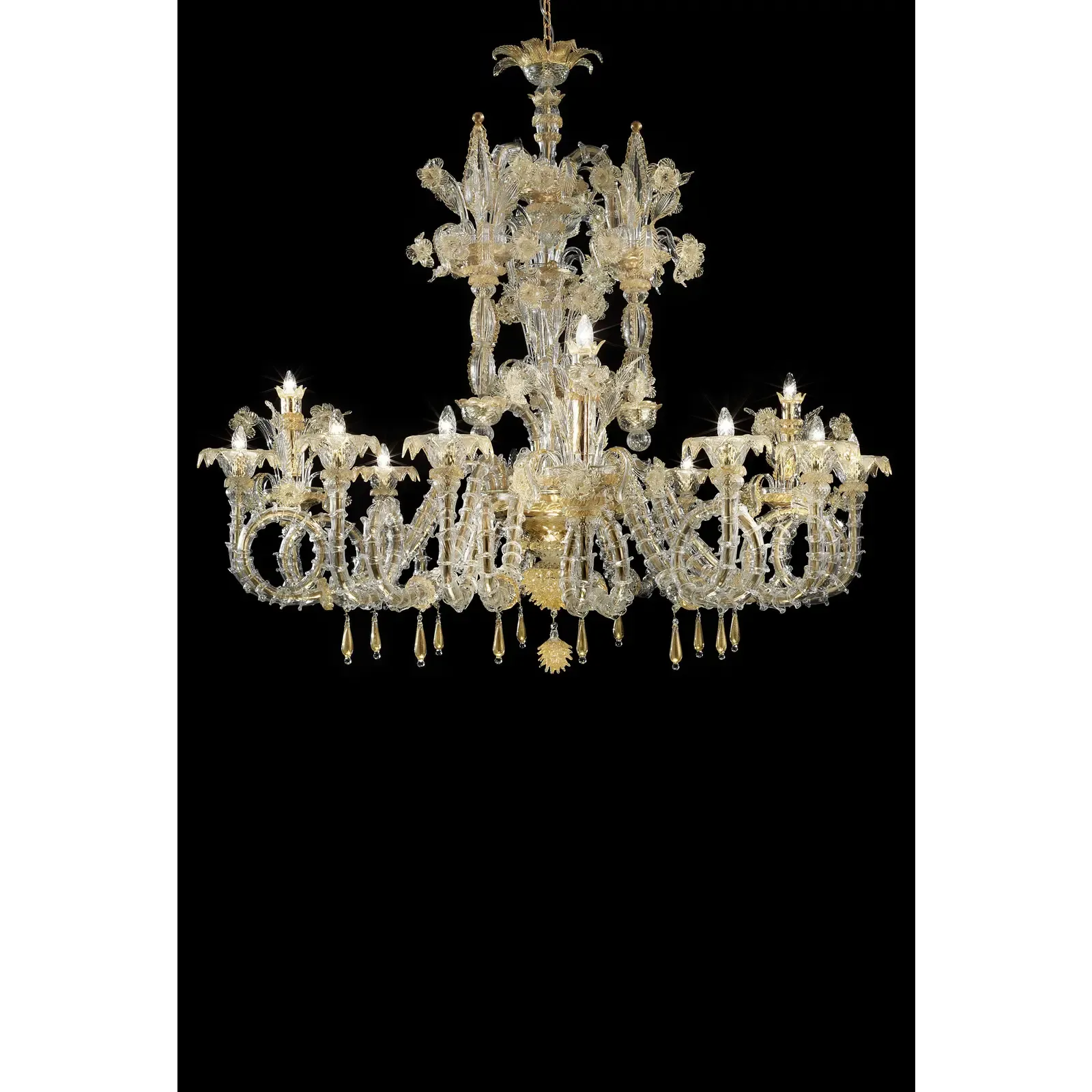 Handcrafted Imperial Venetian Murano Glass Ca’ Rezzonico Chandelier With Gold Details photo for sale
