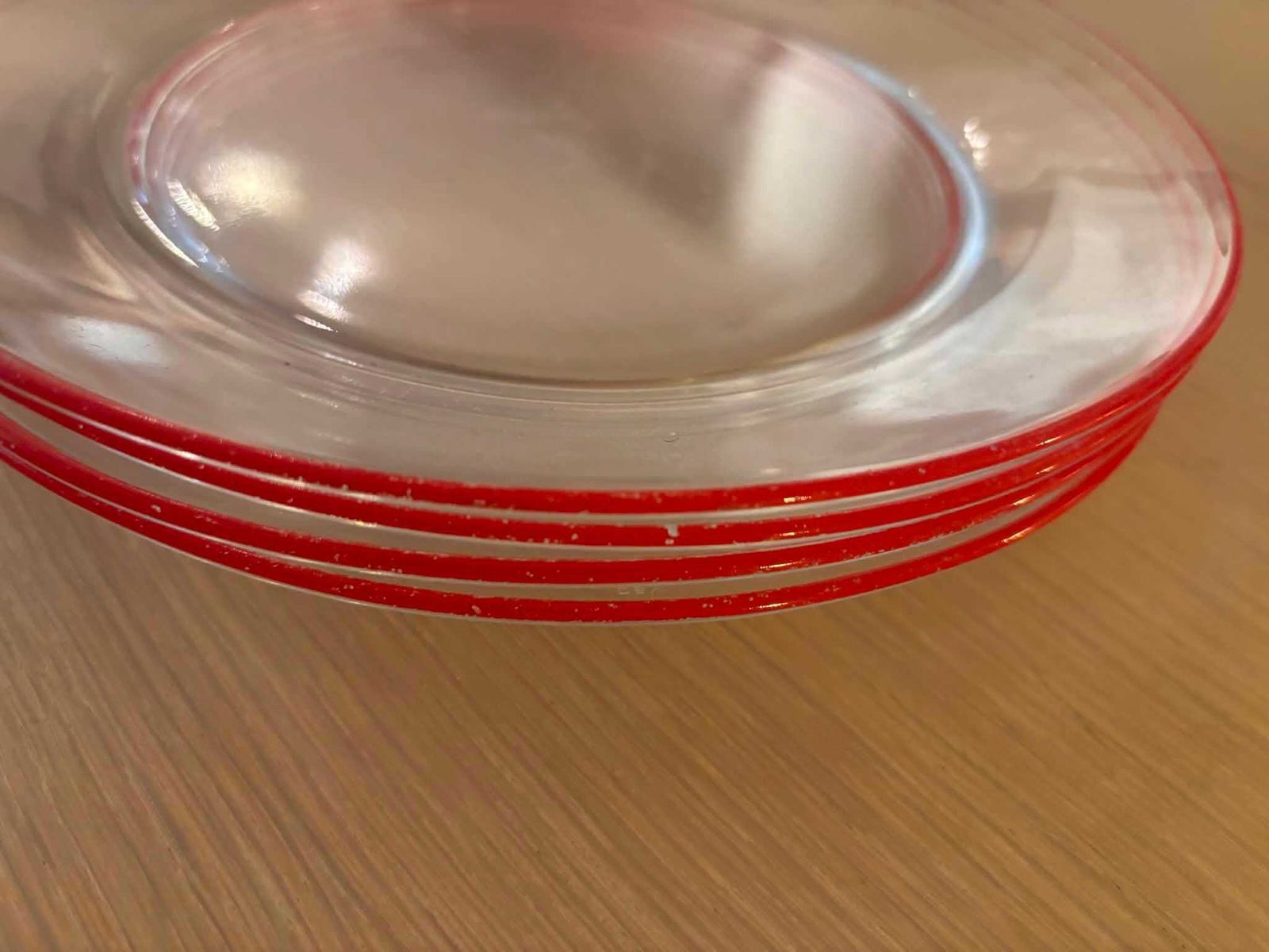 Vintage Vsg France Red Rim Glass Dinner Plates Set Of 4, 1950s 1960s French Transparent Glass Plates, Mid Century Durable Tableware photo vinterior