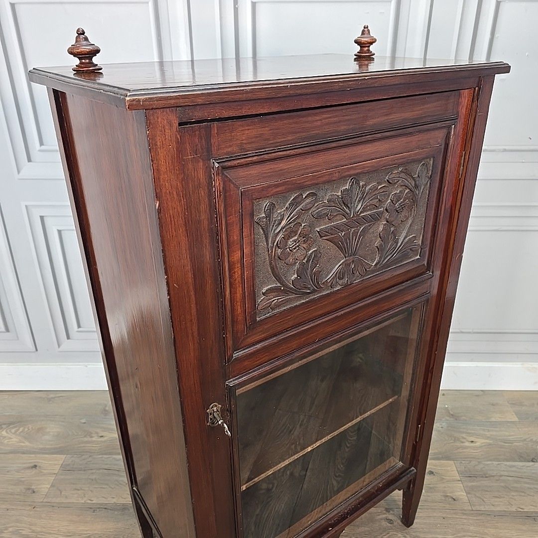 Antique Mahogany Cabinet Carved Panel Glazed Door Display Cupboard Shelves Wood photo for sale