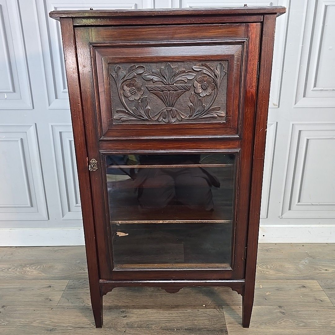 photo furniture Antique Mahogany Cabinet Carved Panel Glazed Door Display Cupboard Shelves Wood