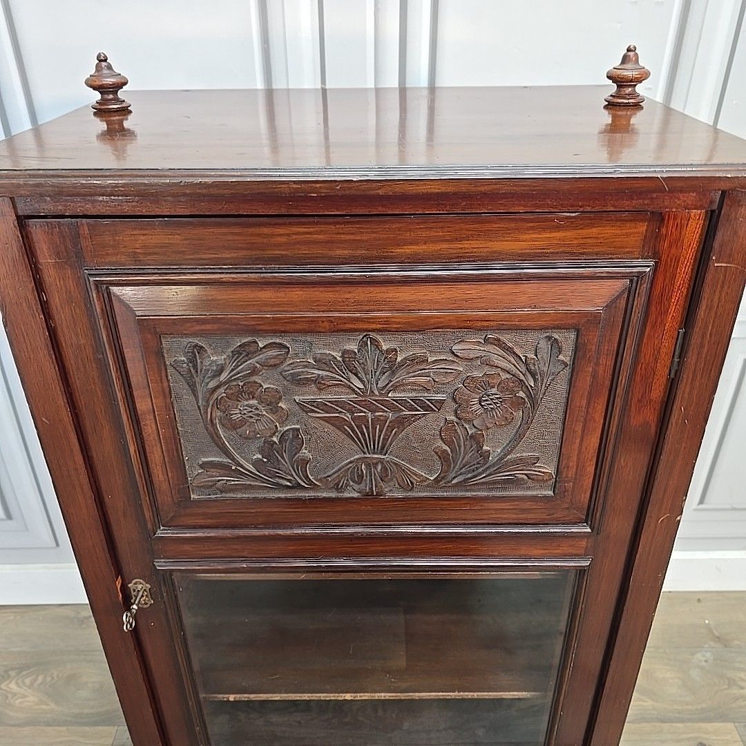 photo for sale Antique Mahogany Cabinet Carved Panel Glazed Door Display Cupboard Shelves Wood