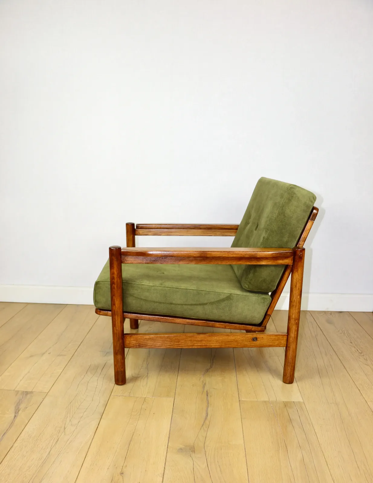 Wooden Armchair Designed By Z. Baczyk Vintage, Olive Green Velvet photo 398.0