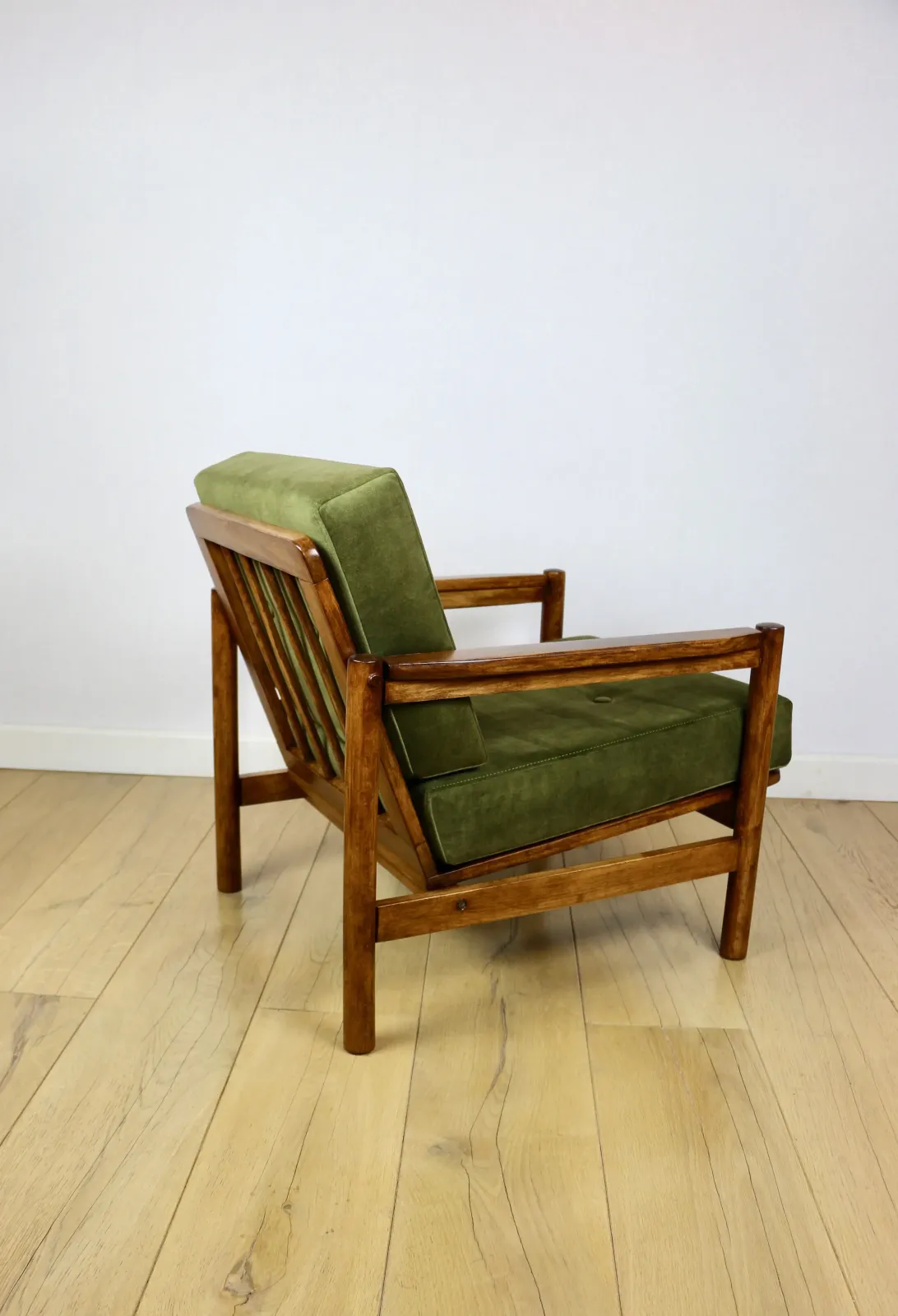Wooden Armchair Designed By Z. Baczyk Vintage, Olive Green Velvet photo vintage
