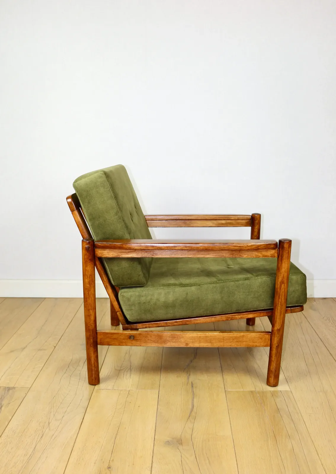 photo furniture Wooden Armchair Designed By Z. Baczyk Vintage, Olive Green Velvet