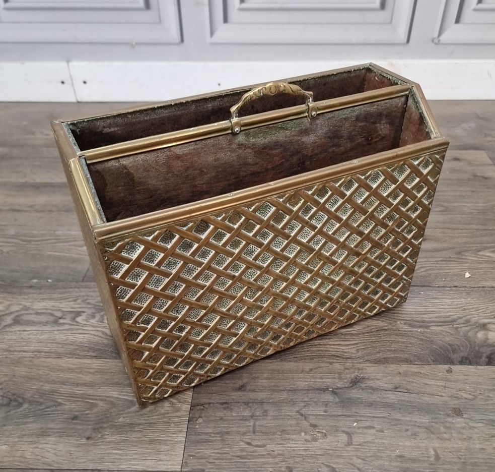 Vintage Brass Magazine Rack Embossed Lattice Style Newspaper Paper Holder Retro photo for sale