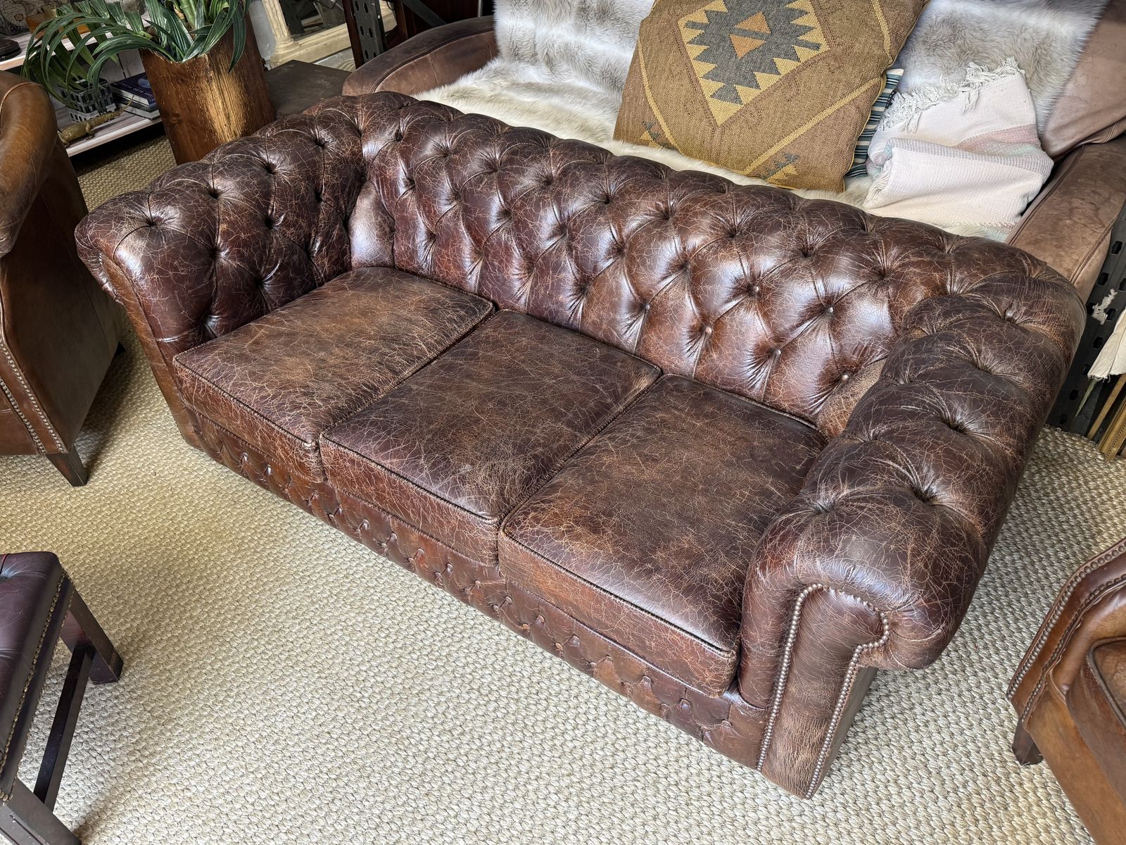 Cracked Faux Leather Upholstered 3 Seater Chesterfield Sofa photo for sale