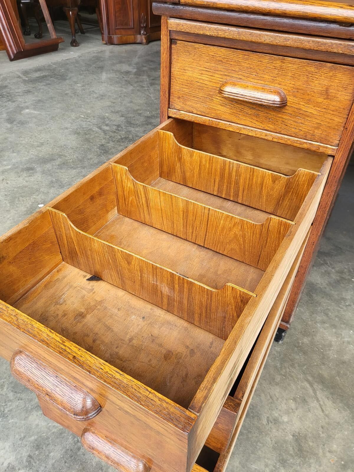 Furniture Antique Oak Roll Top Tambour Twin Pedestal Desk Drawers photo