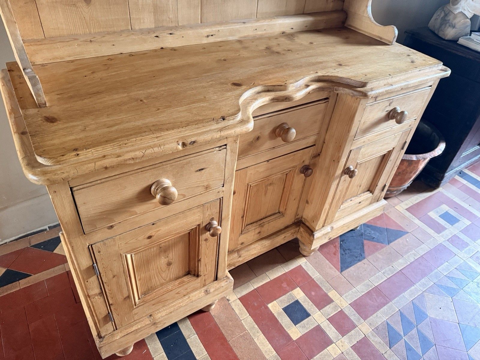 999.0 Vintage Farmhouse Rustic Country Pine Kitchen Welsh Cabinet Dresser W/Plate Rack photo