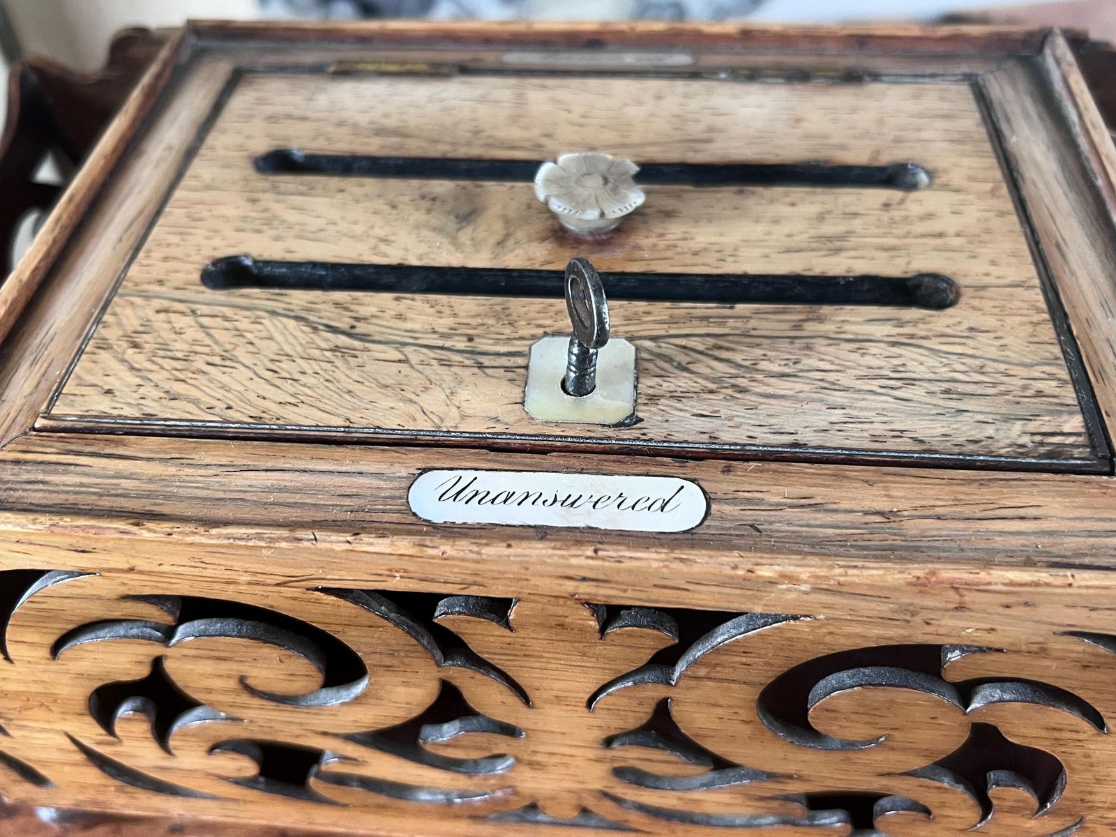 Antique Carved Oak Letter Box With Key, Victorian Gothic Revival Correspondence Post Box, Dual Slot Answered Unanswered Desk Organiser photo vintage
