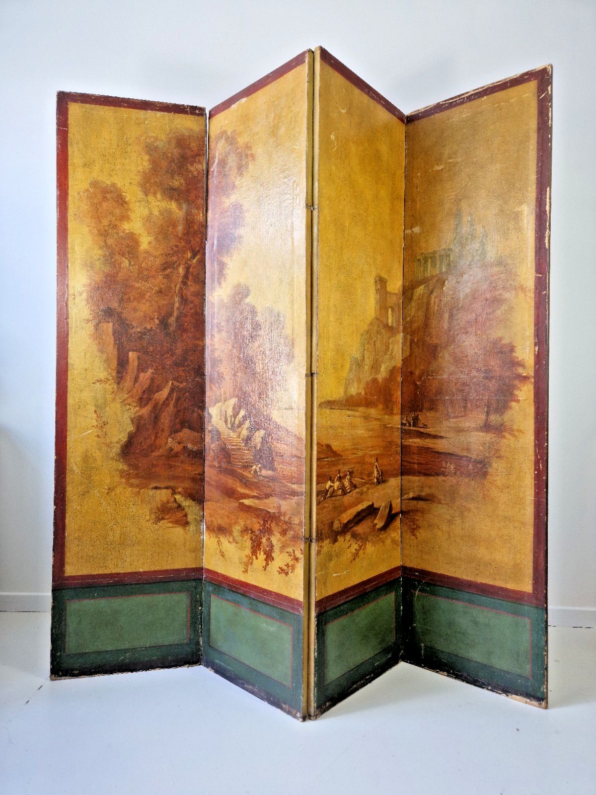 Antique French 4 Panel Hand Painted Room Divider Screen 19th Century