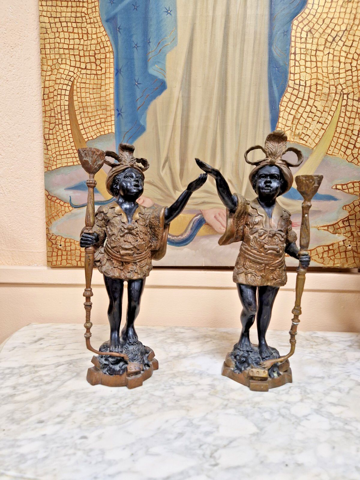795.0 Pair Of Antique Italian Candlesticks Bronze Venetian Sculptures 19th Century photo