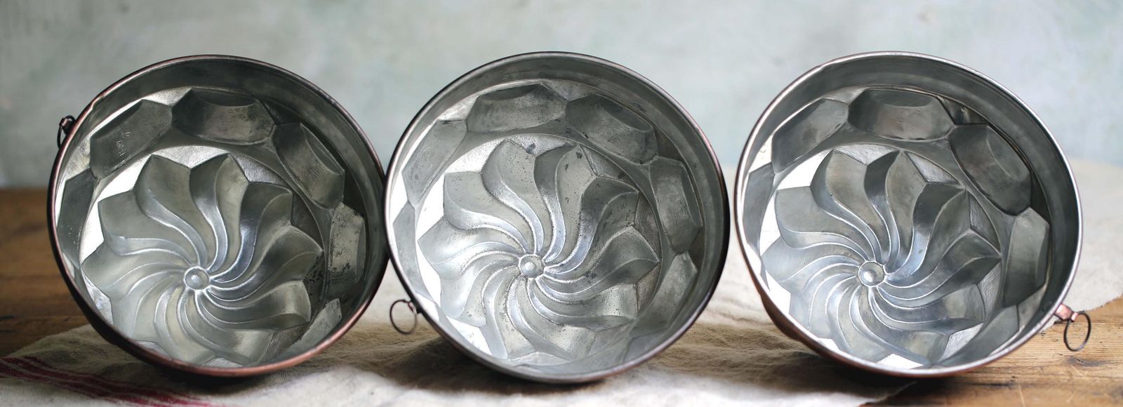 Antique Copper Jelly Molds: French Kitchen Wall Decor, Cake Pans (Set Of 3) photo buy
