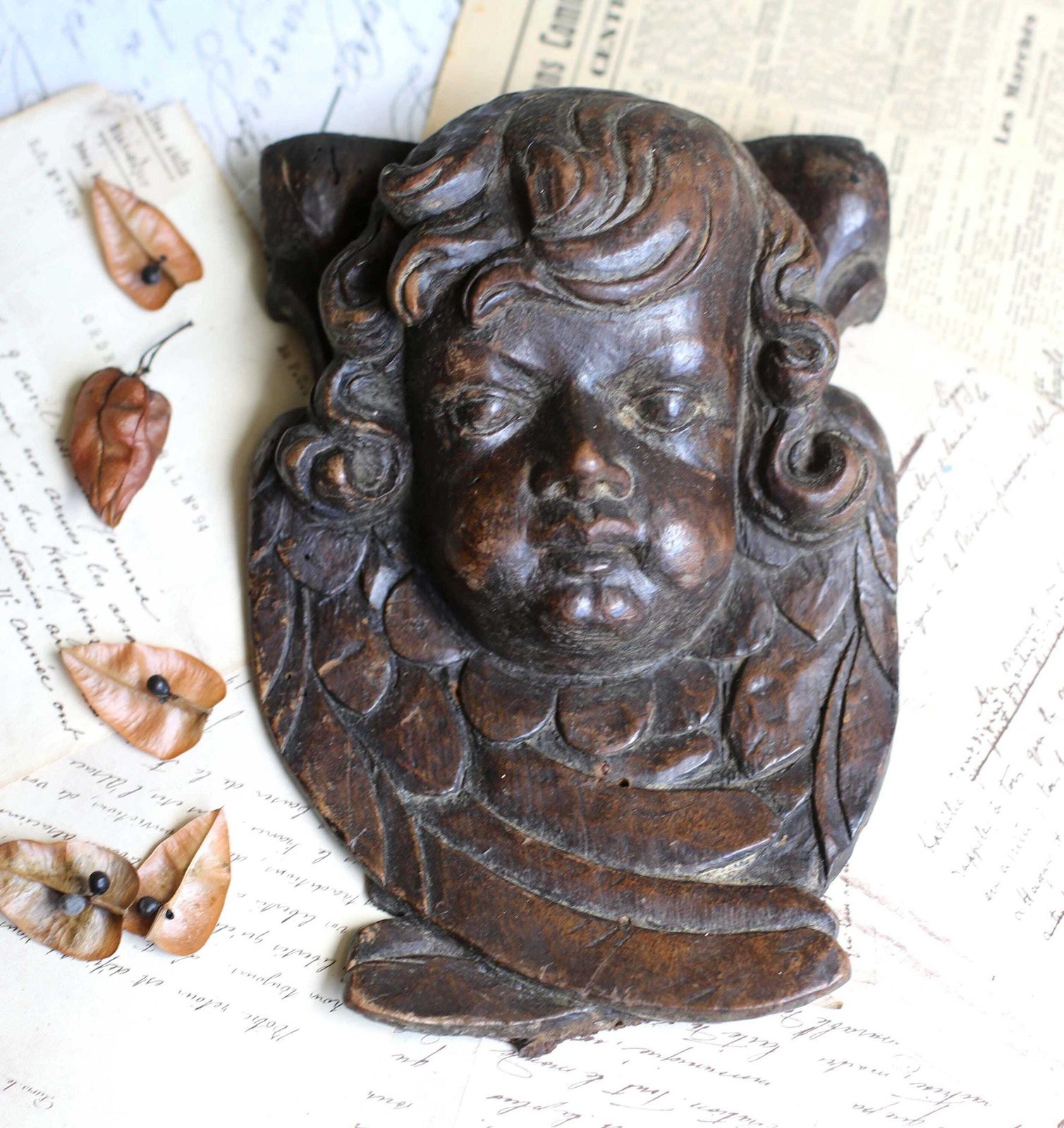 Baroque Putti Fragment Antique Carved Winged Head Wooden Wall Plaque Cherub Face 17th Century photo furniture
