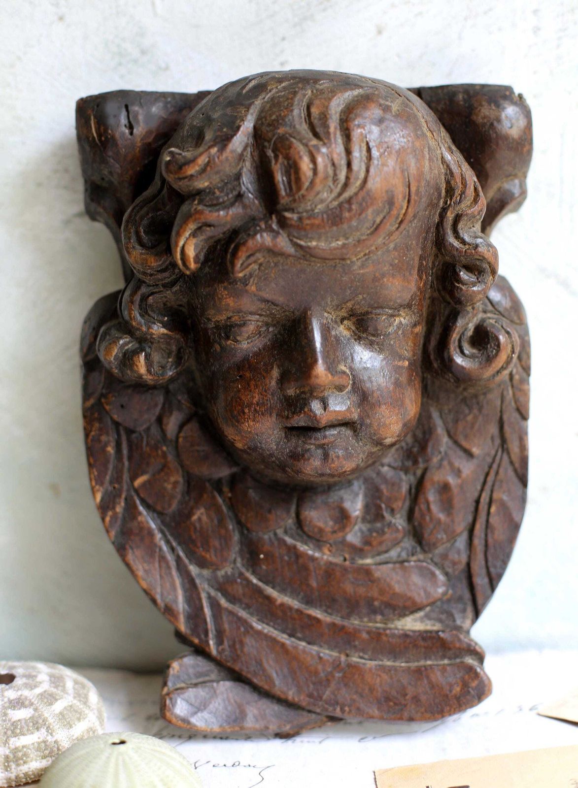 Baroque Putti Fragment Antique Carved Winged Head Wooden Wall Plaque Cherub Face 17th Century photo for sale