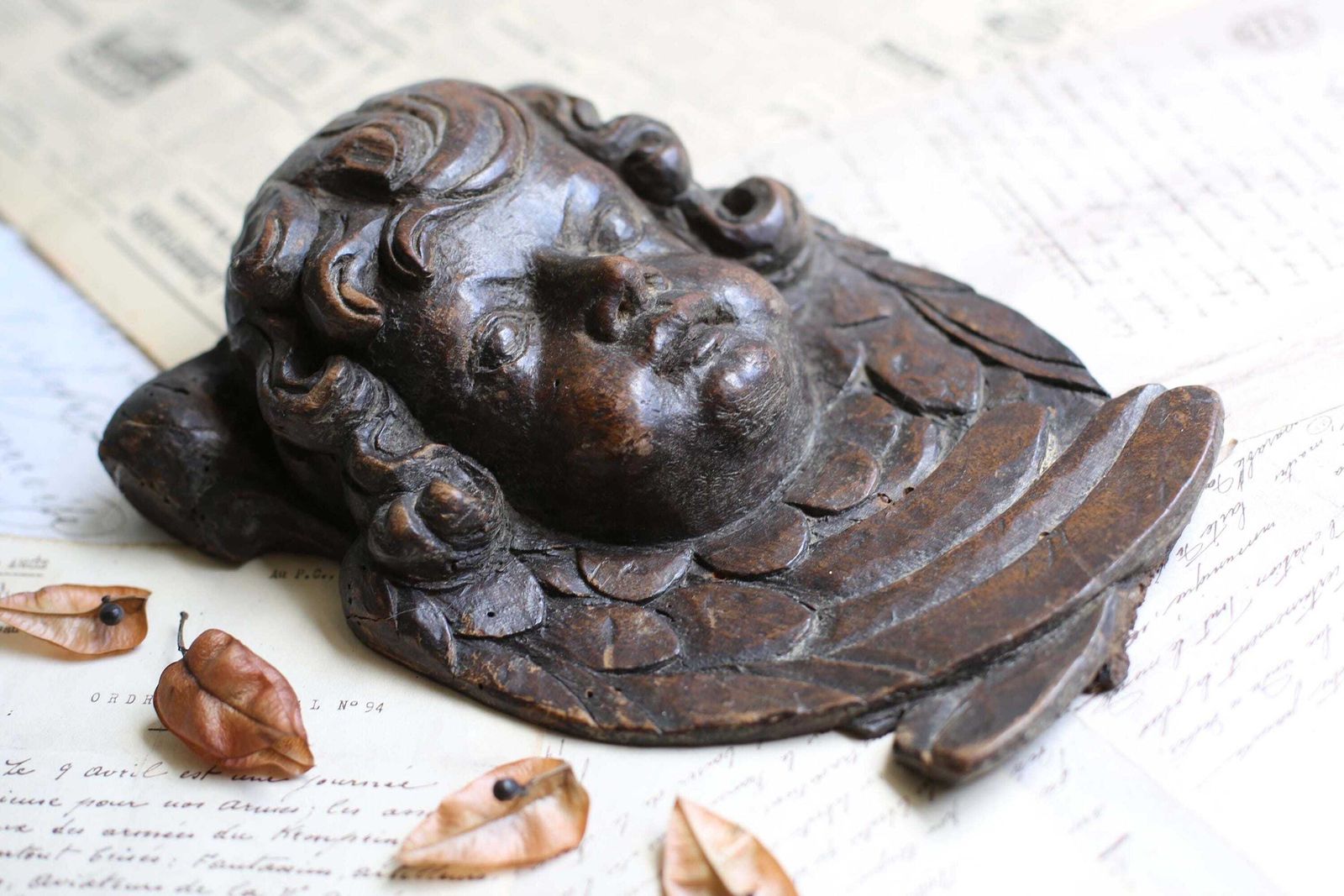 Baroque Putti Fragment Antique Carved Winged Head Wooden Wall Plaque Cherub Face 17th Century photo 231.0