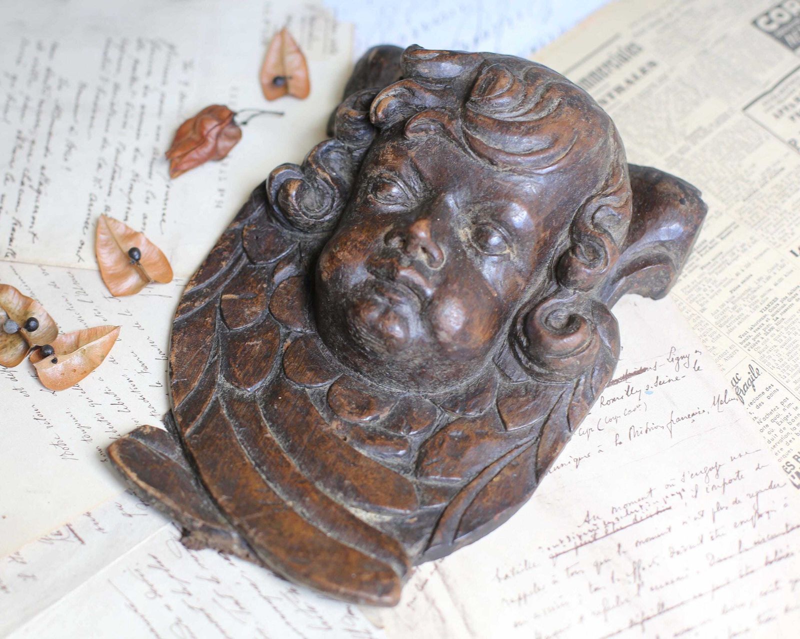 Baroque Putti Fragment Antique Carved Winged Head Wooden Wall Plaque Cherub Face 17th Century photo buy