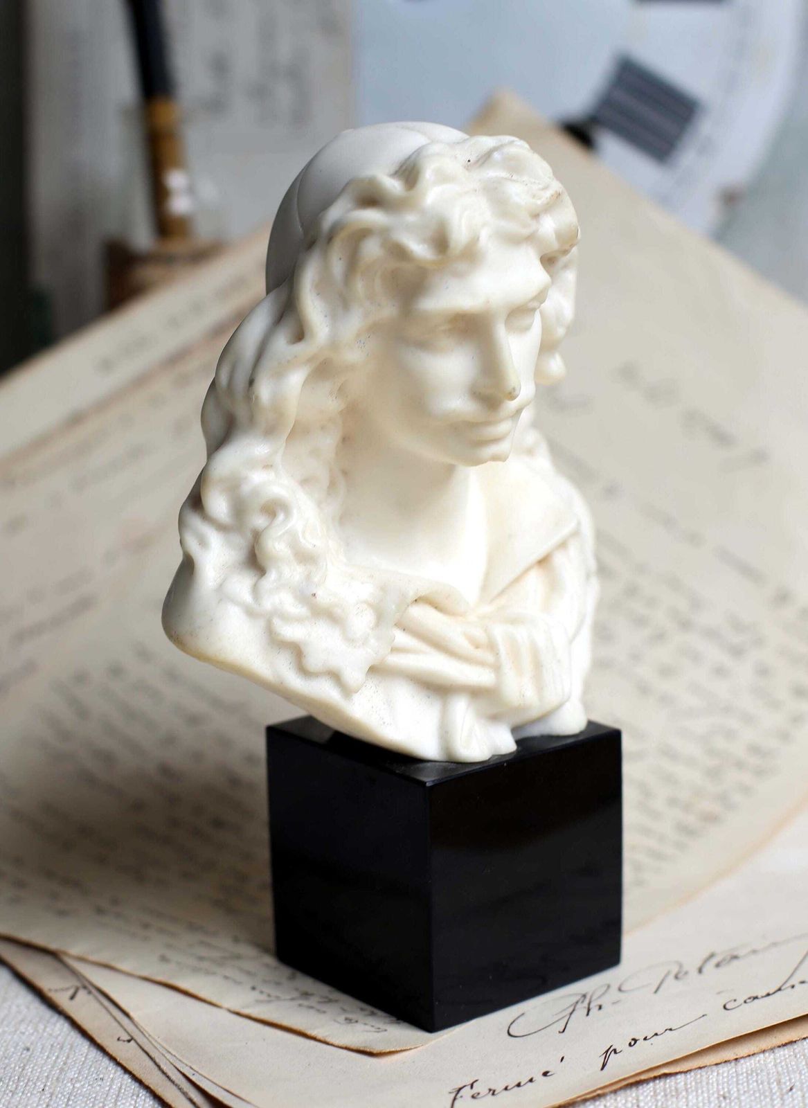 photo furniture Antique Moliere Bust Male Writer Wax & Marble Figurine Of A Male Author