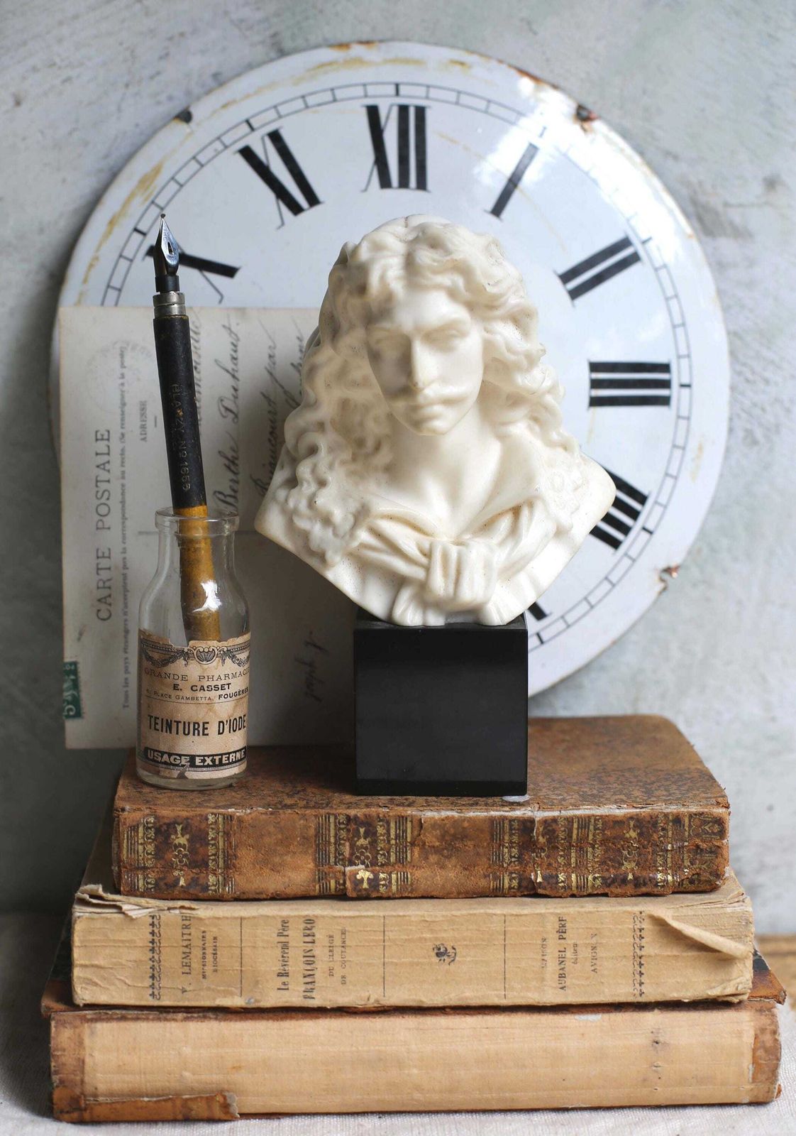 photo for sale Antique Moliere Bust Male Writer Wax & Marble Figurine Of A Male Author