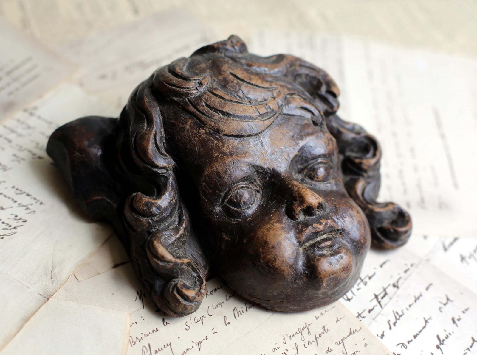 Baroque Putti Fragment Antique Carved Head Wooden Wall Plaque Cherub Face 17th Century photo Art