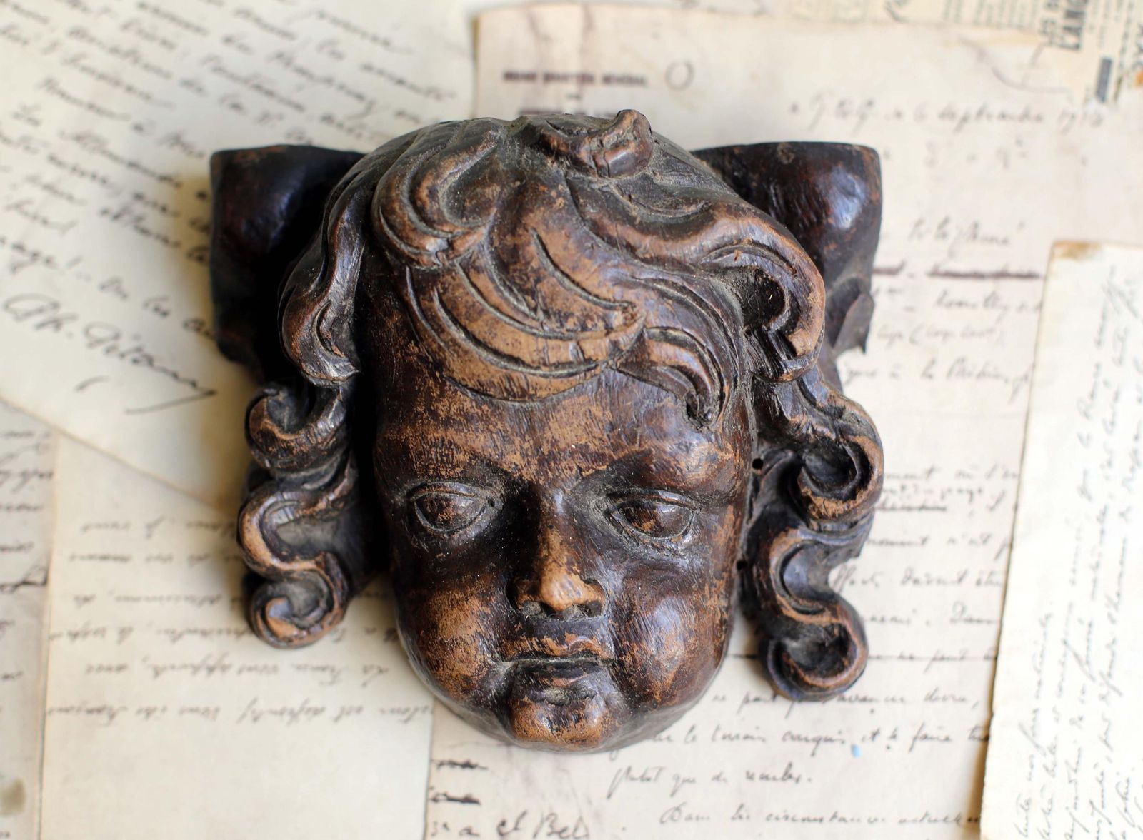 Baroque Putti Fragment Antique Carved Head Wooden Wall Plaque Cherub Face 17th Century photo vinterior