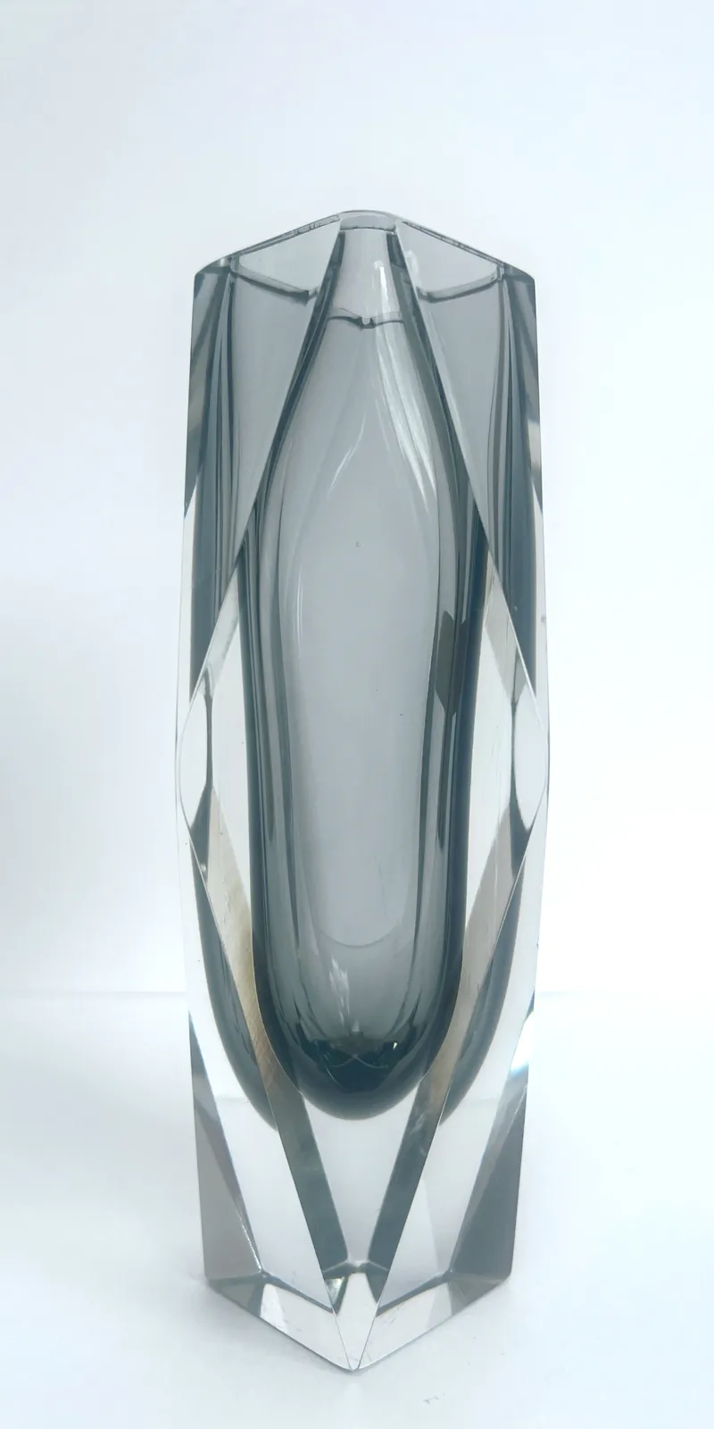 photo for sale 1960s Murano Sommerso Faceted Glass Vase , Smoky Grey & Clear Crystal