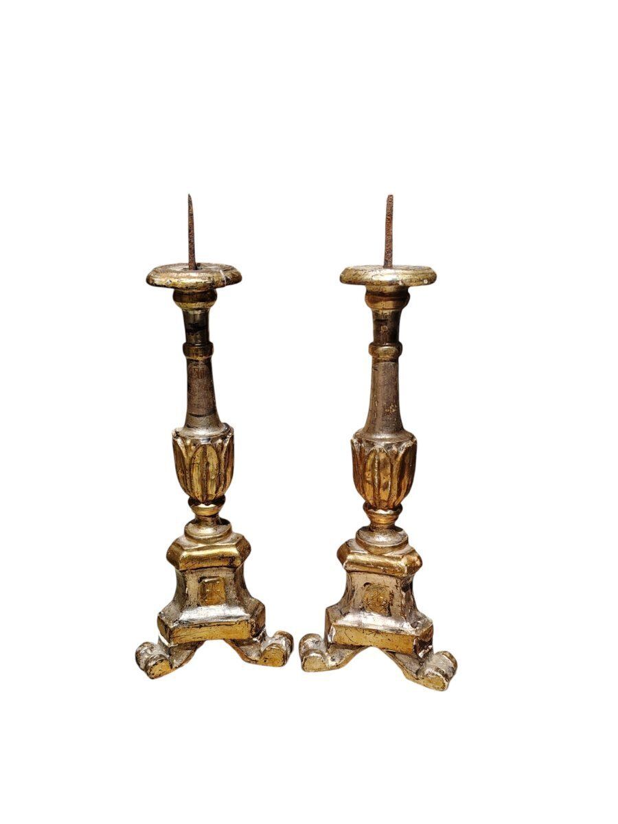 Pair Of Original Louis XVI Style Silver And Antique Mecca Candlesticks photo for sale