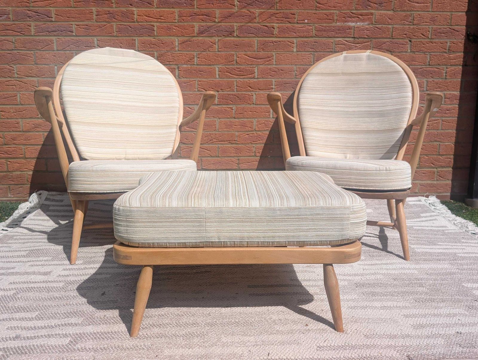 Pair Of Ercol 317 Grandfather Armchairs In Blonde Finish With Matching Footstool Including Original Cushions And Covers By Lucian Ercolani. photo vinterior
