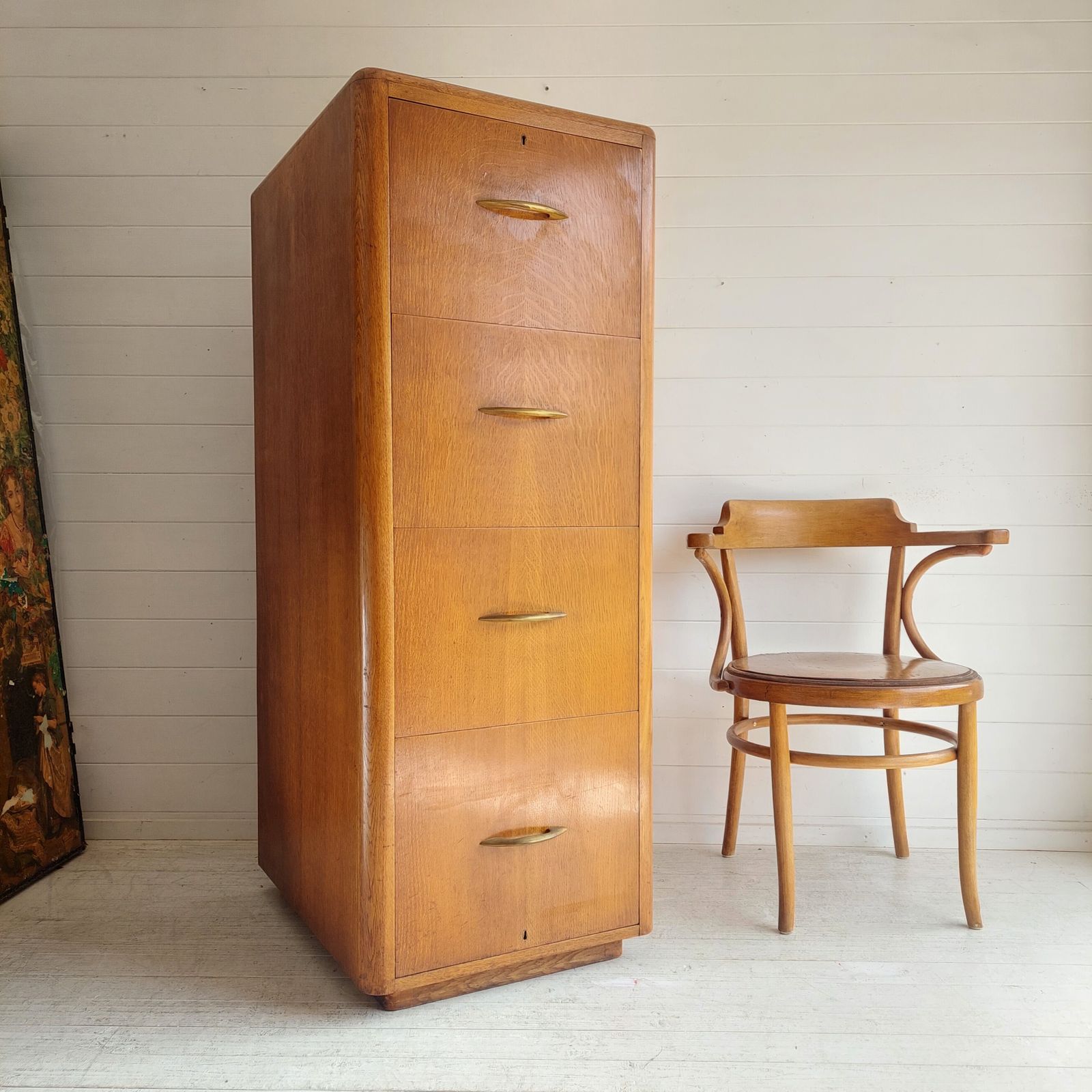 Art Deco Oak 4 Chest Of Drawers Large Filing Cabinet With Bar Drawer England 30s 40s photo furniture
