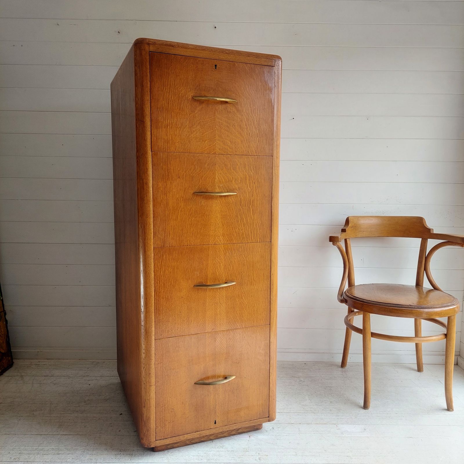 Art Deco Oak 4 Chest Of Drawers Large Filing Cabinet With Bar Drawer England 30s 40s