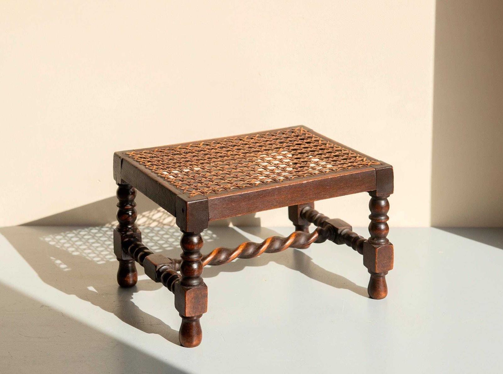 Antique Oak Barley Twist Stool   Bobbin Footstool With Cane Seat   Small English Rustic Stool